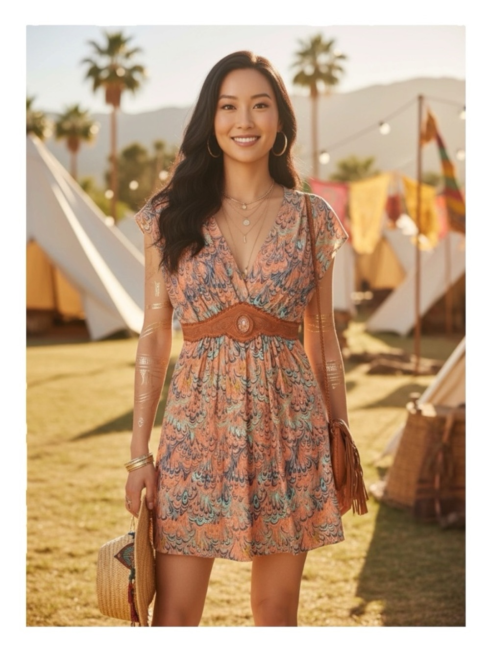 Sky ✽ Silk Plunging V Neck Corset + Stone Mini Dress ✽ Peach Print ✽ XS ✽ Celeb